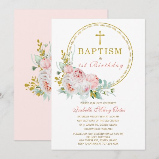 Blush Pink Floral Baptism and First Birthday Invi Kaart (Voorkant / Achterkant)