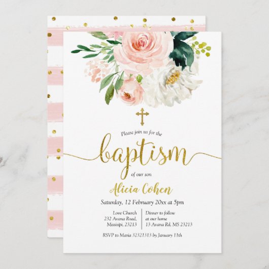 Blush Pink Floral Baptism Invitation Kaart (Voorkant / Achterkant)