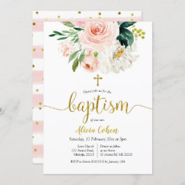 Blush Pink Floral Baptism Invitation Kaart