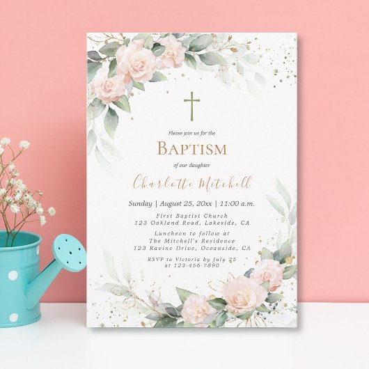  Blush Pink Floral Baptism Invitation Kaart