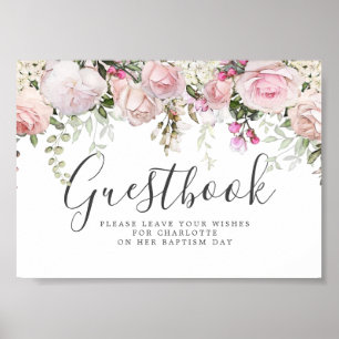 Blush Pink Floral Baptisme Guestbook Sign. Poster