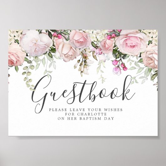 Blush Pink Floral Baptisme Guestbook Sign. Poster (Voorkant)