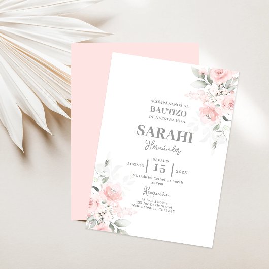 Blush Pink Floral Baptisme meisje Spaanse uitnodig Kaart