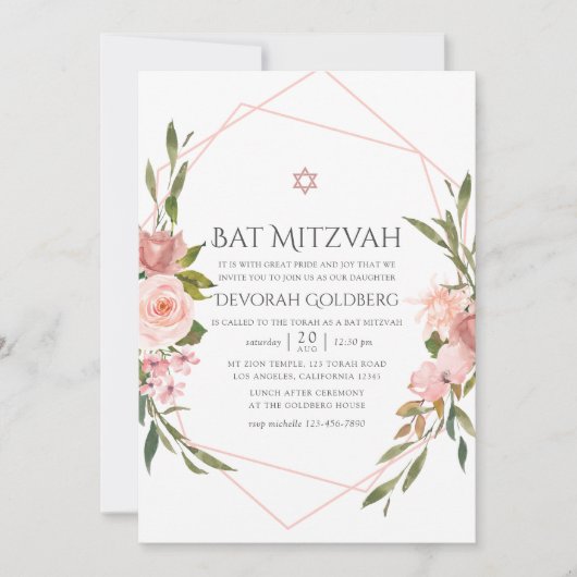 Blush Pink Floral Bat Mitzvah Uitnodiging (Voorkant)