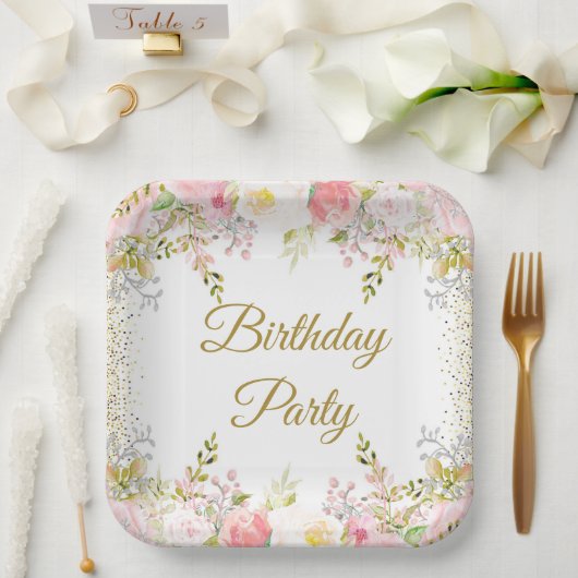 Blush Pink Floral Birthday Party Papieren Bordje (Huwelijk)