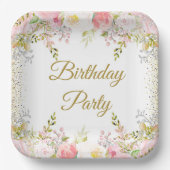 Blush Pink Floral Birthday Party Papieren Bordje (Voorkant)