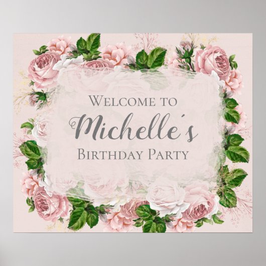 Blush Pink  Floral Birthday Welkom Poster (Voorkant)