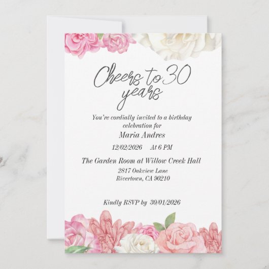 Blush pink floral birthdayInvitation Kaart (Voorkant)