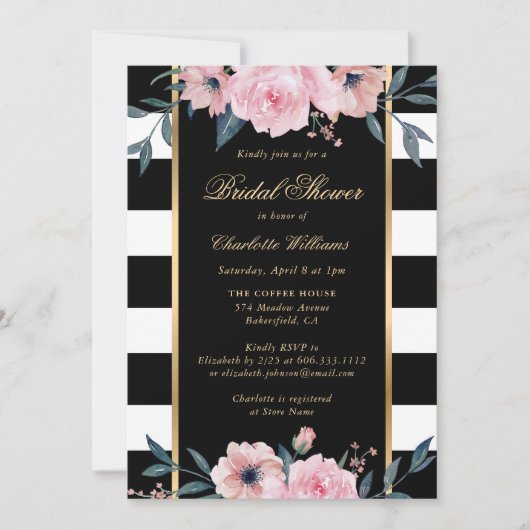 Blush Pink Floral Black Striped Vrijgezellenfeest Kaart (Voorkant)