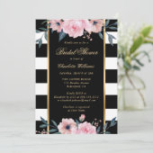 Blush Pink Floral Black Striped Vrijgezellenfeest Kaart (Staand voorkant)