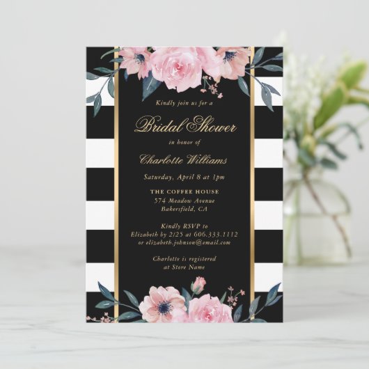 Blush Pink Floral Black Striped Vrijgezellenfeest Kaart (Staand voorkant)