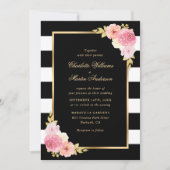 Blush Pink Floral Black White Striped Wedding Kaart (Voorkant)