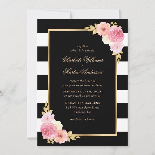 Blush Pink Floral Black White Striped Wedding Kaart (Voorkant)