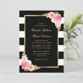 Blush Pink Floral Black White Striped Wedding Kaart (Staand voorkant)