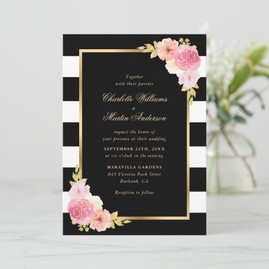 Blush Pink Floral Black White Striped Wedding Kaart (Staand voorkant)