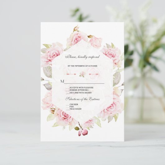  Blush Pink Floral Bloom Geometric Wedding RSVP Kaartje (Staand voorkant)