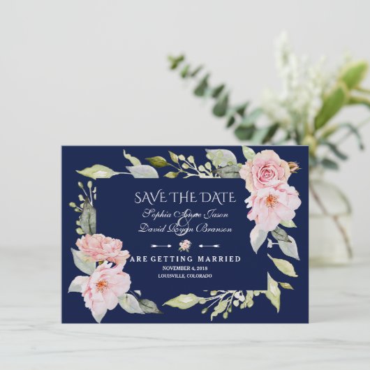 Blush Pink Floral Bloom Navy Blue Save the Date (Staand voorkant)