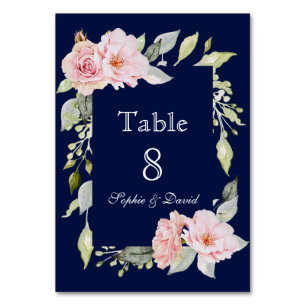 Blush Pink Floral Bloom Navy Blue Wedding Kaart