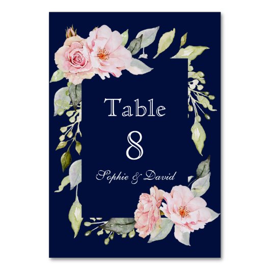 Blush Pink Floral Bloom Navy Blue Wedding Kaart (Voorkant)
