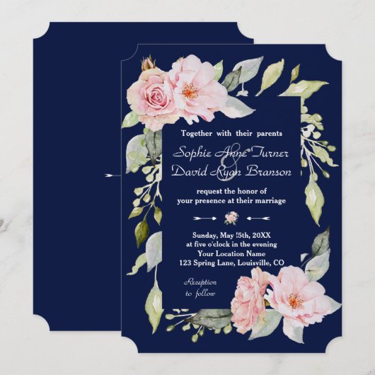 Blush Pink Floral Bloom Navy Blue Wedding Kaart (Voorkant / Achterkant)