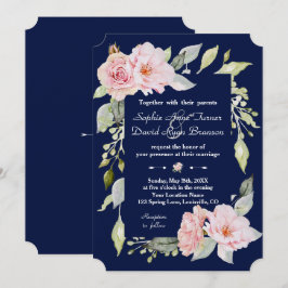 Blush Pink Floral Bloom Navy Blue Wedding Kaart