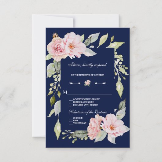 Blush Pink Floral Bloom Navy Blue Wedding RSVP (Voorkant)