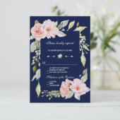Blush Pink Floral Bloom Navy Blue Wedding RSVP (Staand voorkant)