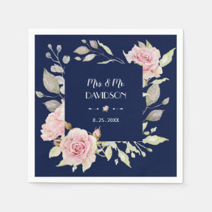 Blush Pink Floral Bloom Navy Blue Wedding Servet