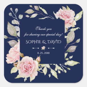 Blush Pink Floral Bloom Navy Blue Wedding Vierkante Sticker