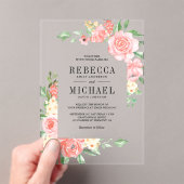 Blush Pink Floral Bloom Roses Wedding Acryl Uitnodigingen (Insitu (Draagbaar))