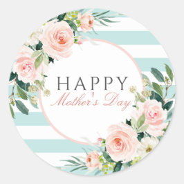 Blush Pink Floral Blue Stripes Moederdag Ronde Sticker