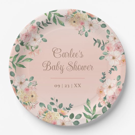 Blush Pink Floral Boho Baby shower Papieren Bordje (Voorkant)