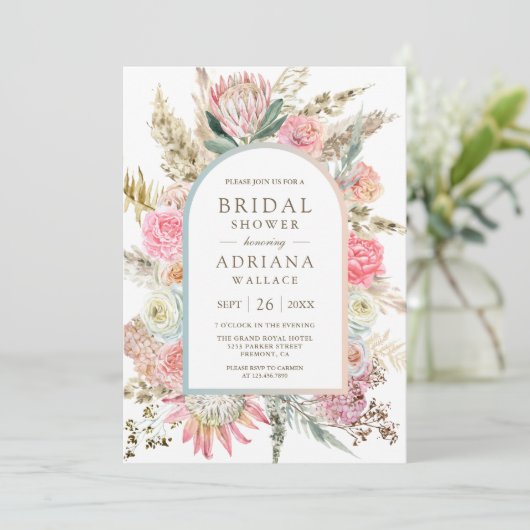 Blush Pink Floral Boho Pampas Grass Vrijgezellenfe Kaart (Staand voorkant)