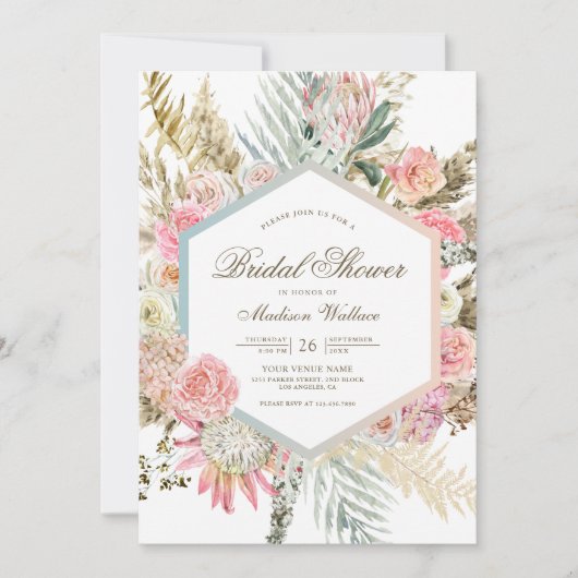 Blush Pink Floral Boho Pampas Vrijgezellenfeest Kaart (Voorkant)