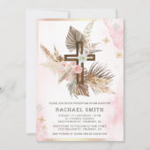 Blush Pink Floral Boho Pampas Wood Cross Baptisme Kaart (Voorkant)