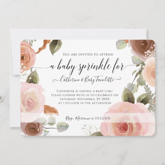 Blush Pink Floral BOHO Waterverf Baby Girl Shower Kaart (Voorkant)