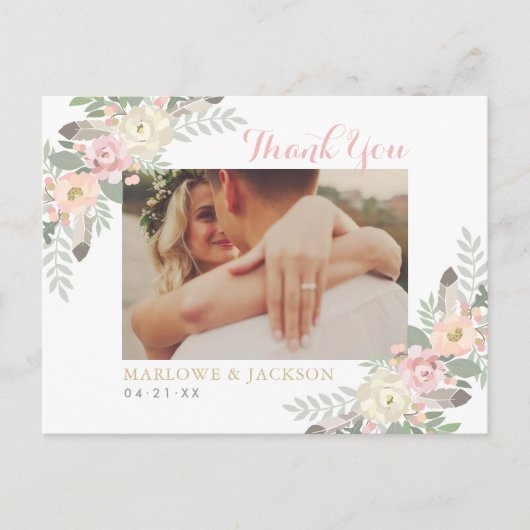 Blush Pink Floral Boho Weddenschap Foto bedankt Briefkaart (Voorkant)