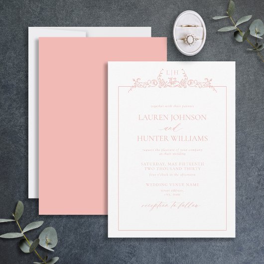 Blush Pink Floral Border Monogram Weddenschap Kaart