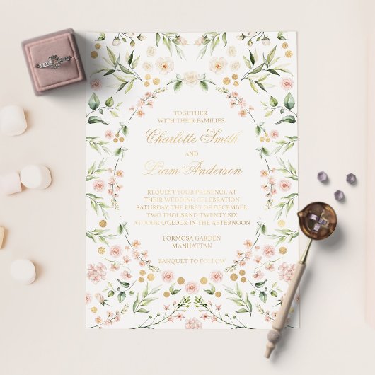 Blush Pink Floral Botanical Elegant Weddenschap Go Folie Uitnodiging