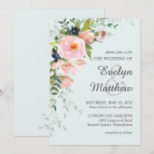 Blush Pink Floral Botanical Light Blue Wedding Kaart (Voorkant / Achterkant)