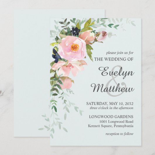 Blush Pink Floral Botanical Light Blue Wedding Kaart (Voorkant / Achterkant)