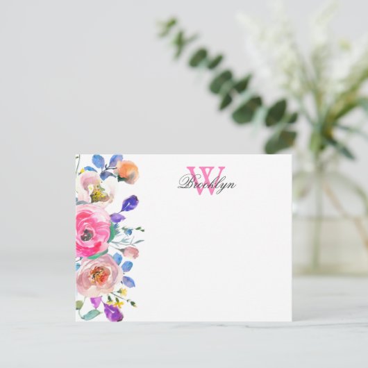 Blush Pink Floral Botanical Monogrammed Note Kaart (Staand voorkant)