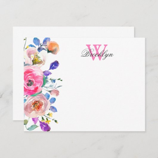 Blush Pink Floral Botanical Monogrammed Note Kaart (Voorkant / Achterkant)