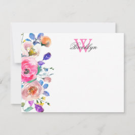 Blush Pink Floral Botanical Monogrammed Note Kaart