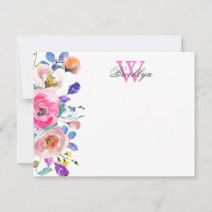 Blush Pink Floral Botanical Monogrammed Note Kaart