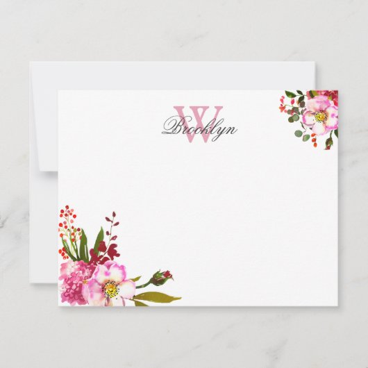 Blush Pink Floral Botanical Monogrammed Note Kaart (Voorkant)