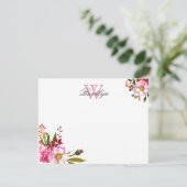 Blush Pink Floral Botanical Monogrammed Note Kaart (Staand voorkant)