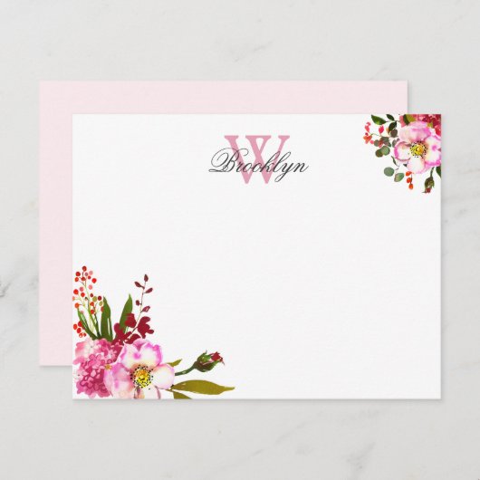 Blush Pink Floral Botanical Monogrammed Note Kaart (Voorkant / Achterkant)