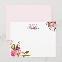Blush Pink Floral Botanical Monogrammed Note Kaart