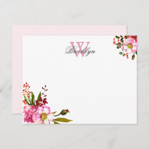 Blush Pink Floral Botanical Monogrammed Note Kaart